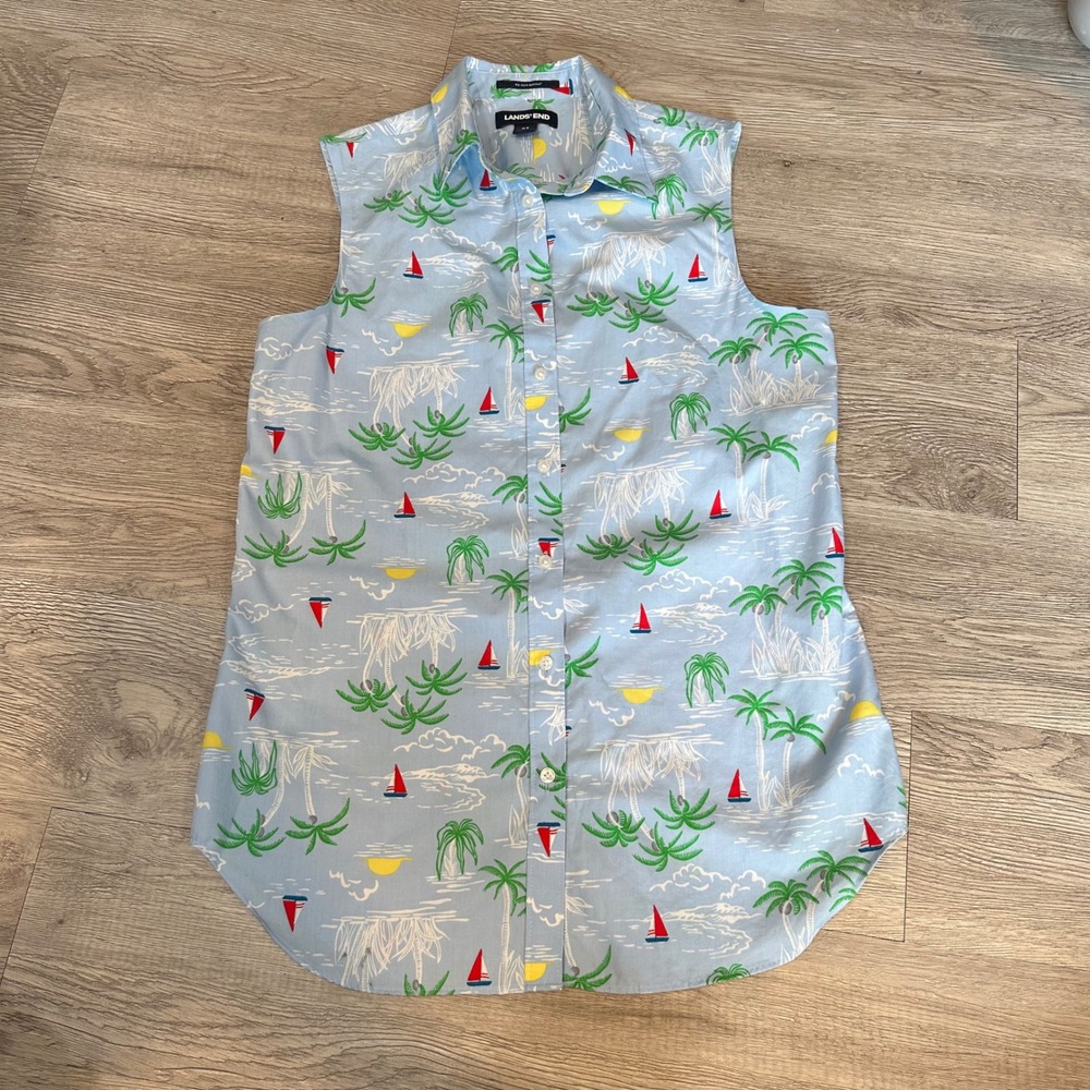 Lands End Womens Sleeveless‎ Button Up Shirt Tropical Palm Tree Sailboat 8 tall